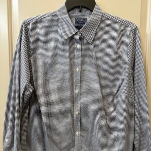 Chaps Women's 2X Dark Blue Gingham Long Sleeve Button Down